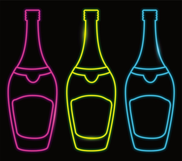 Vector con tres botellas de champán de colores en colores verdes y azules fucsia como un cartel de neón