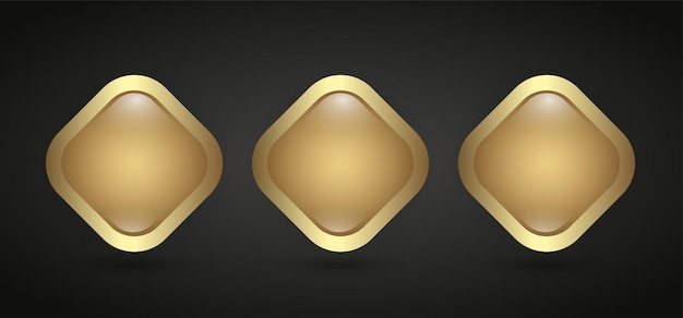 Tres botones dorados y rectangulares premium con estilo de ilustración vectorial sobre fondo oscuro