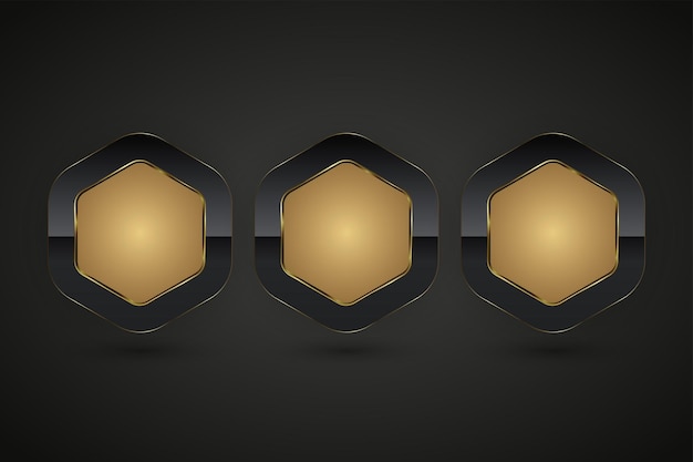 Tres botones de lujo de formas hexagonales con ilustración de vector de marco dorado realista Premium