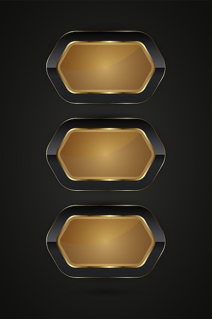 Tres botones rectangulares negros y dorados con diseño en forma de hexágono de lujo con 3 metálicos dorados