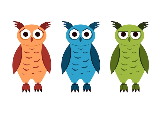 Tres búhos coloridos de dibujos animados con diferentes emociones animales salvajes vectoriales aislados en estilo plano
