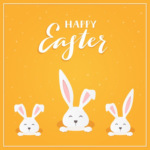Tres cabezas de conejo en el agujero y letras Feliz Pascua sobre un fondo naranja, ilustración.