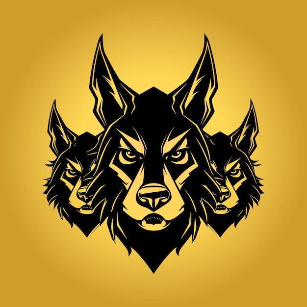 Tres cabezas de lobo negro sobre fondo amarillo