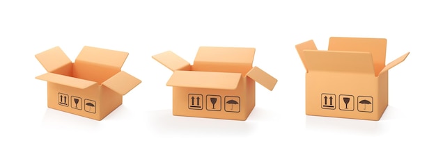 Tres cajas abiertas de cartón 3D aisladas sobre fondo blanco Caja de carga de entrega Caja de cartón de estilo de dibujos animados o paquete de entrega 3d vector realista