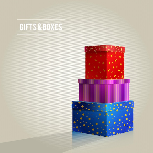 Tres cajas, rojo, morado, azul