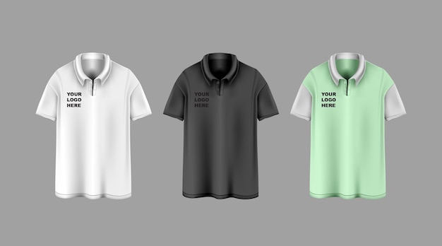 Tres camisas de cuello blanco, negro y verde claro con plantilla de logotipo