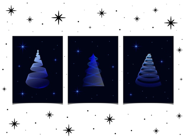 Vector tres carteles con árboles de navidad azules modernos contra el cielo oscuro con estrellas brillantes