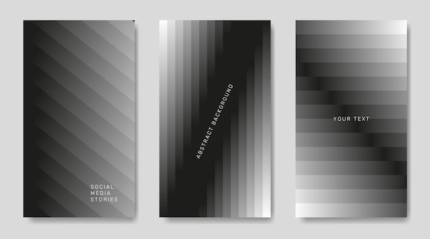 Tres carteles en blanco y negro en un estilo abstracto con elementos geométricos