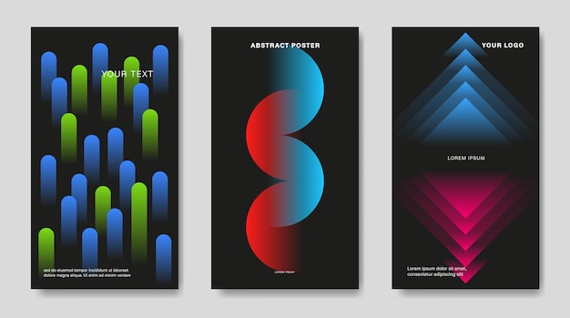 Tres carteles oscuros abstractos con elementos de gradiente