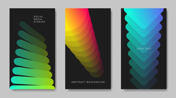 Vector tres carteles oscuros abstractos con elementos de gradiente