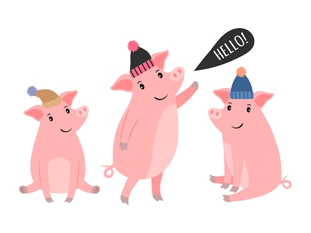 Tres cerdito en sombreros de invierno