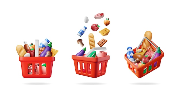 Tres cestas de compras de vectores 3D rojas
