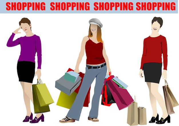 Tres chicas de compras con bolsas de colores