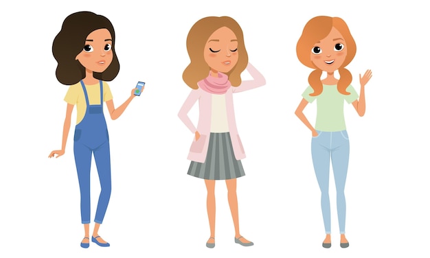 Vector tres chicas hermosas vestidas con ropa de moda de pie juntas grupo de chicos adolescentes con estilo personajes de dibujos animados ilustración vectorial