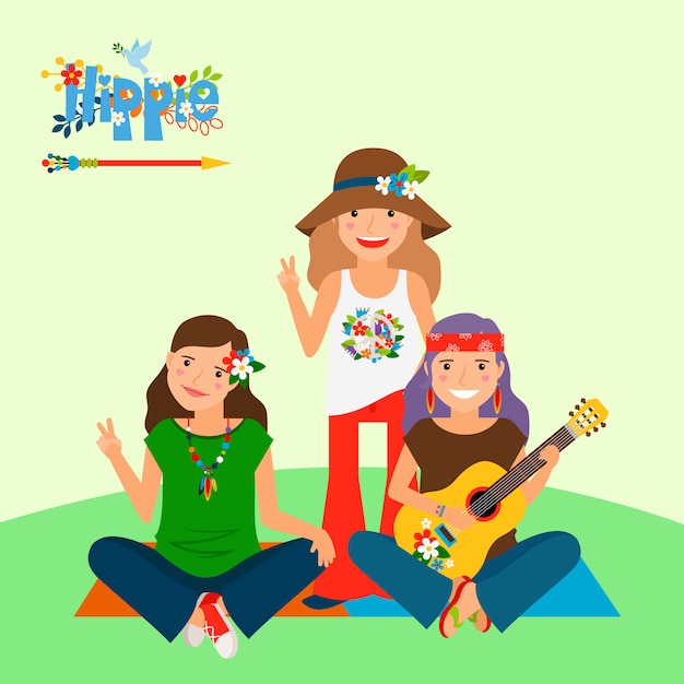 Tres chicas hippie y guitarra