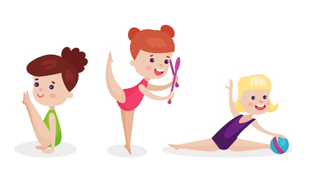 Vector tres chicas en trajes de baño haciendo gimnasia rítmica elemento con palos o sin ellos estirando los músculos de las piernas estirándose con la pelota concepto de deporte y salud