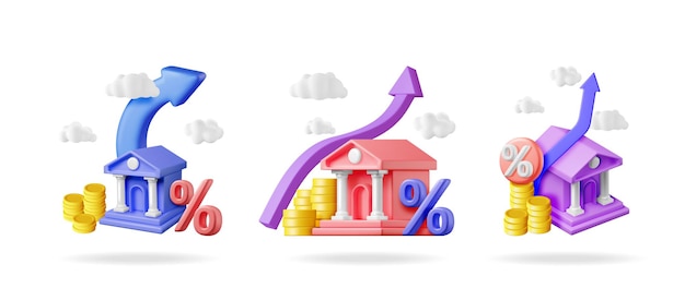 Tres coloridos edificios bancarios o financieros en 3D