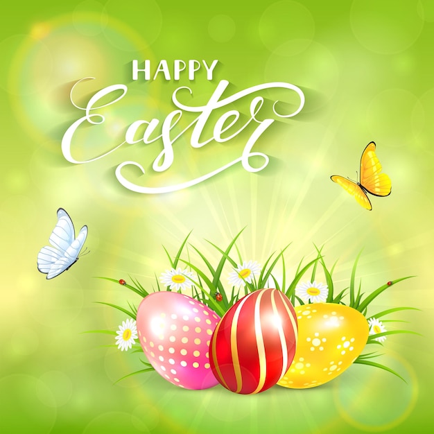 Tres coloridos huevos de pascua con hierba y flores. fondo de naturaleza verde con rayos de sol y letras feliz pascua, ilustración.