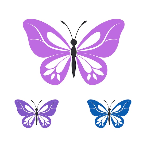Tres coloridos íconos de arte vectorial de mariposas en una ilustración vectorial en fondo blanco