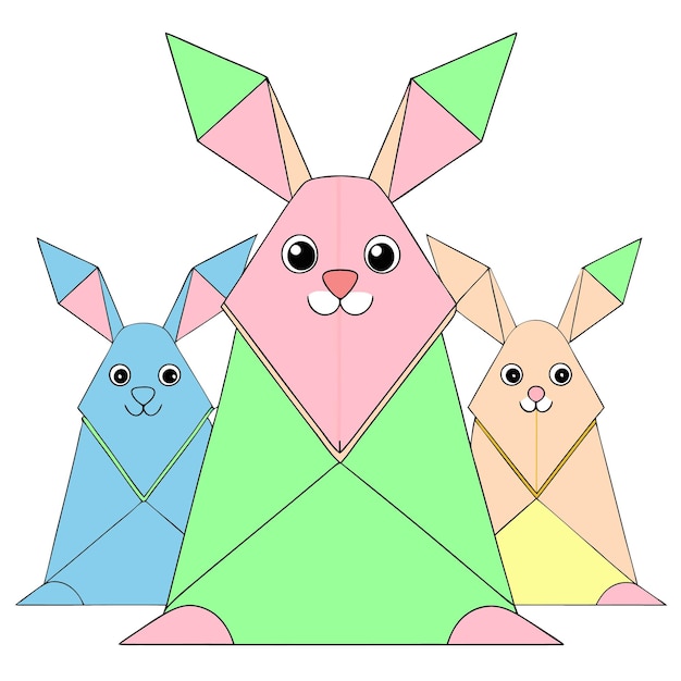 tres conejitos de colores están alineados juntos