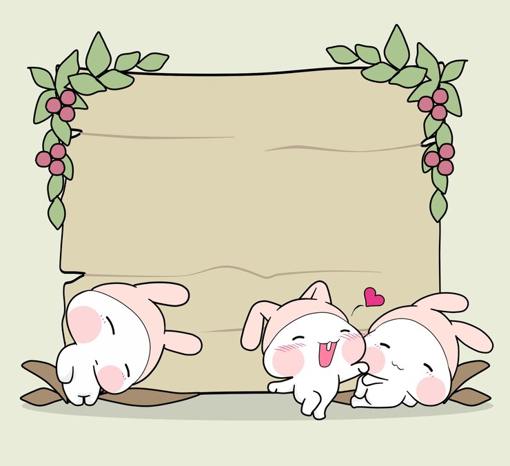 Vector tres conejitos lindos con marco de tablero de madera ilustración de dibujos animados