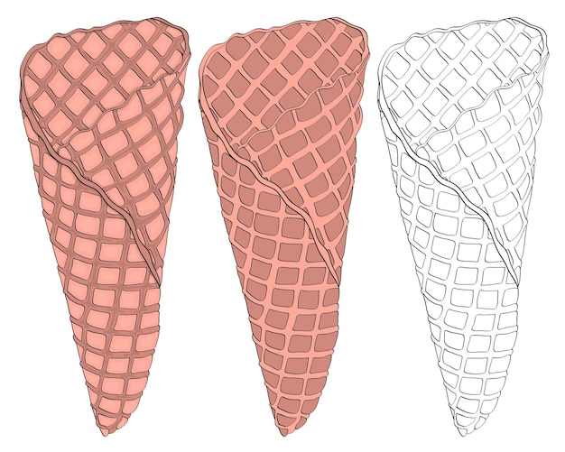 Tres conos de gofre para ilustrar rellenos de helado u otros dulces