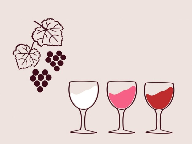 Tres copas de vino que muestran diferentes tipos de vino junto a uvas y hojas de vid en un neutro