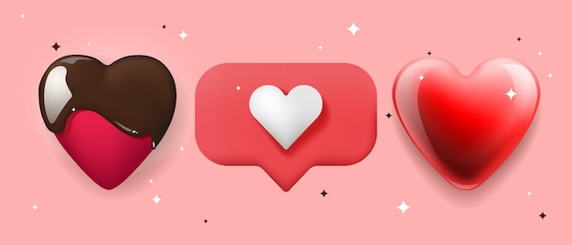 Vector tres corazones rojos brillantes vertidos con diseño de icono social de salsa de chocolate para el día de san valentín