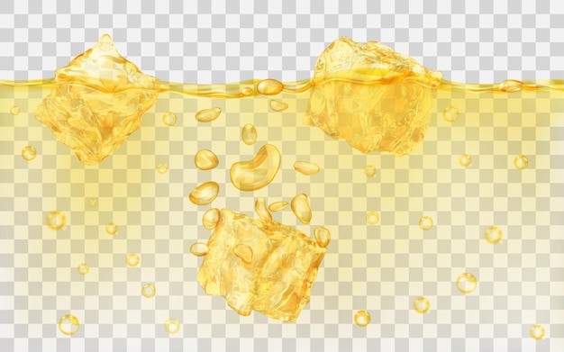 Tres cubos de hielo amarillos translúcidos y muchas burbujas de aire flotando en el agua sobre un fondo transparente. transparencia solo en formato vectorial