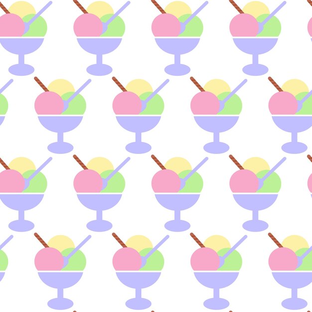 Tres cucharas de helado de colores en un tazón de helado con patrón sin costuras concepto de fondo de postre dulce