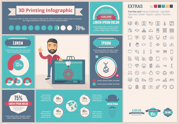 Vector tres d impresión diseño plano plantilla de infografía y conjunto de iconos