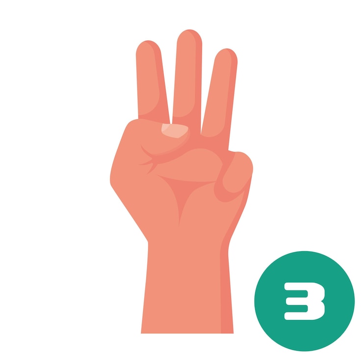 Vector tres dedos 1 2 3 4 5 icono plano gestos de la mano y números con los dedos mostrar números de dedo