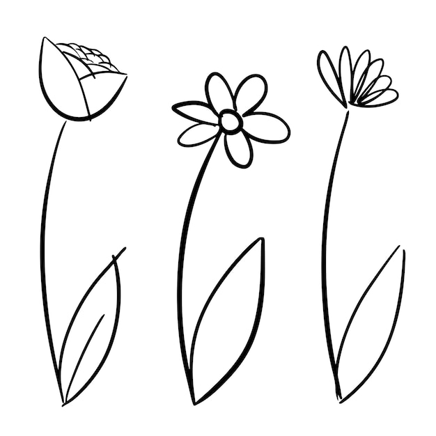 Tres dibujos de flores de arte de líneas simples