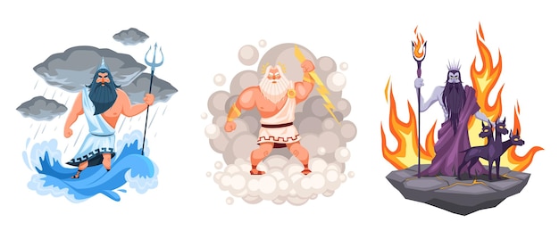Tres dioses griegos principales dibujos animados zeus poseidón y hades elementos rodeados de ondas, nubes y ambiente de fuego mitología antigua personajes en el concepto de dibujos animados vectoriales del monte olimpo