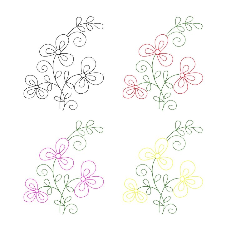 tres diseños diferentes de flores y hojas con un fondo verde y amarillo