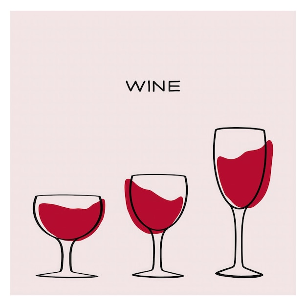 Tres elegantes copas de vino tinto dispuestas en orden ascendente sobre un fondo minimalista