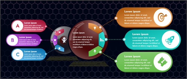 Tres elementos infográficos con 6 y 3 secciones para información