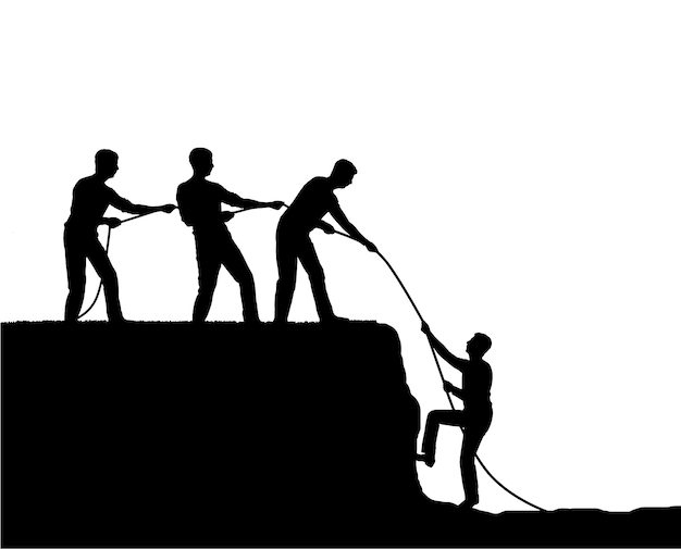 Tres escaladores ayudan a un amigo a subir Trabajo en equipo de escaladores masculinos Concepto de trabajo en equipo empresarial