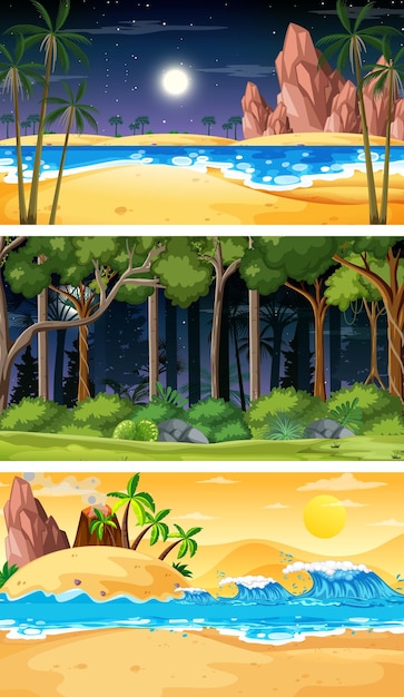 Tres escenas horizontales de naturaleza diferente.