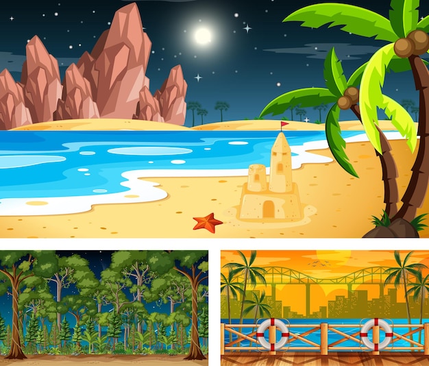 Tres escenas horizontales de naturaleza diferente.