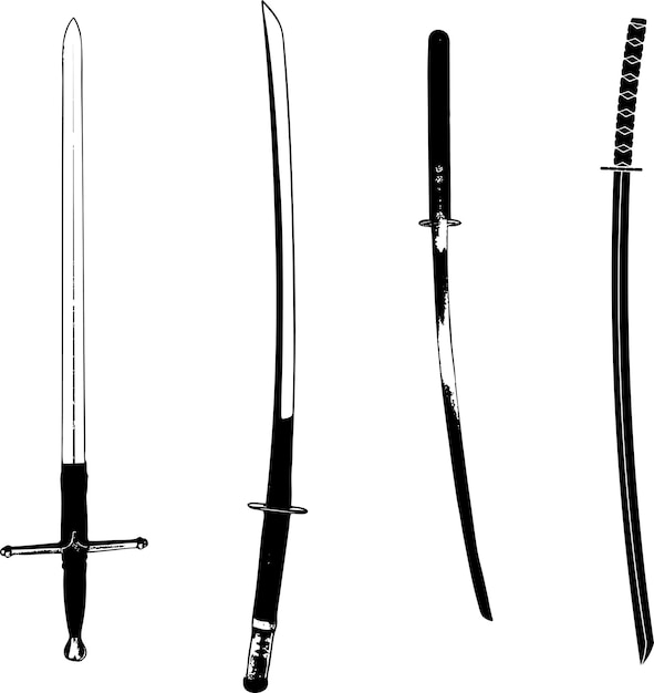 Tres espadas en blanco y negro, una con la palabra samurai en el frente.