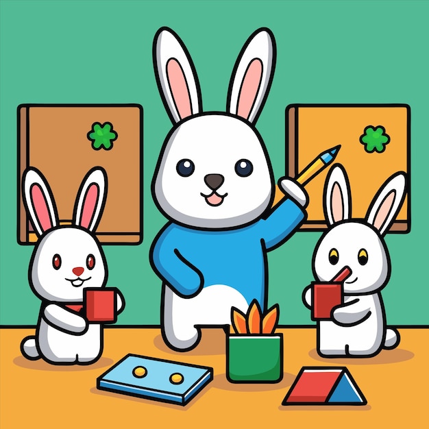 tres estatuas de conejo blanco están en una mesa con una pintura de un conejo conejo y una caja de pintura
