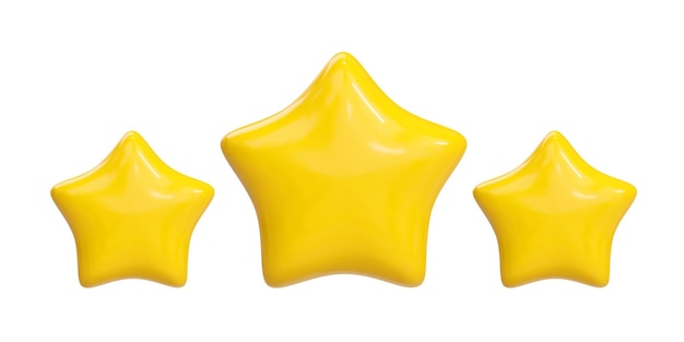 Tres estrellas amarillas brillantes Logros para juegos Comentarios de calificación del cliente Ilustración vectorial 3d realista
