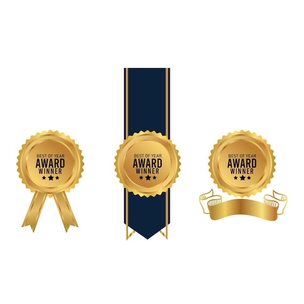 Tres etiquetas de premio doradas y azules con una cinta dorada y una cinta dorada.
