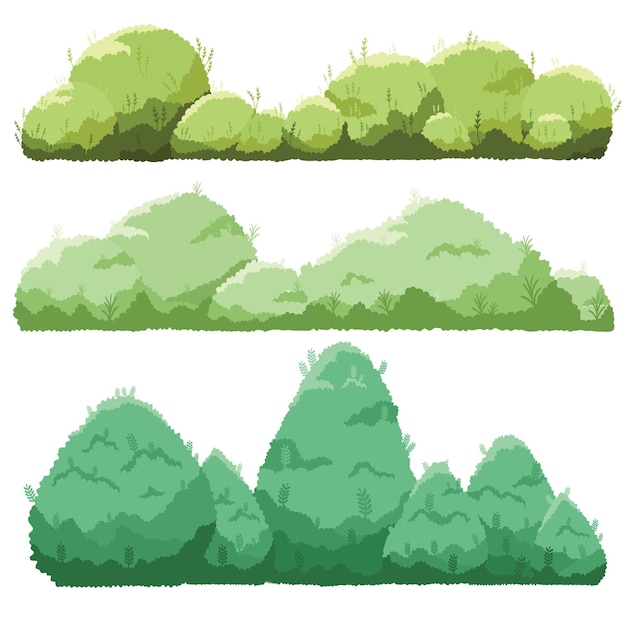 Tres filas de arbustos y arbustos verdes estilizados para el diseño del paisaje
