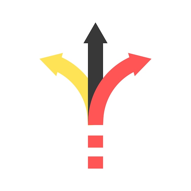 Vector tres flechas que apuntan en diferentes direcciones elección de la ruta icono de flecha roja y amarilla negra