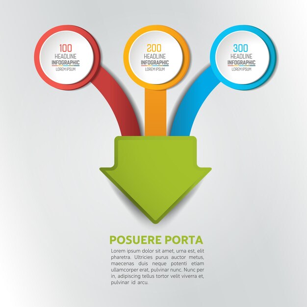 Tres flechas que se fusionan en un esquema de gráfico infográfico de un punto