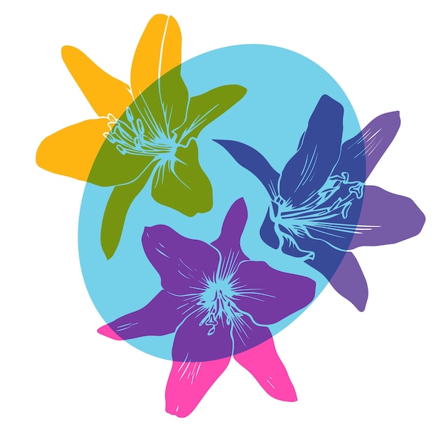 Tres flores de lirio vectorial con hojas efecto de impresión riso aislado en fondo blanco