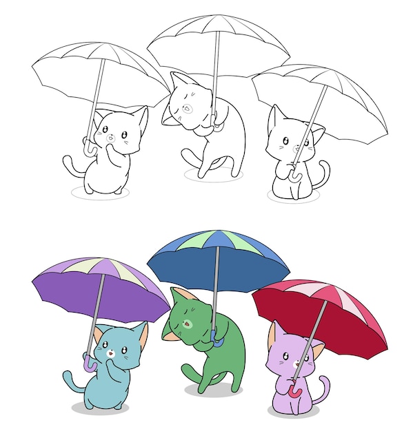 Tres gatos con sombrillas página para colorear de dibujos animados para niños