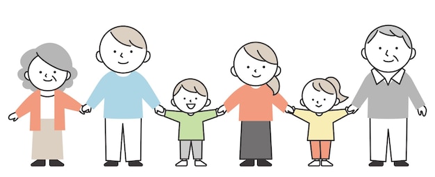 Tres generaciones de la familia tomándose de la mano y sonriendo Ilustración de estilo de línea simple y linda